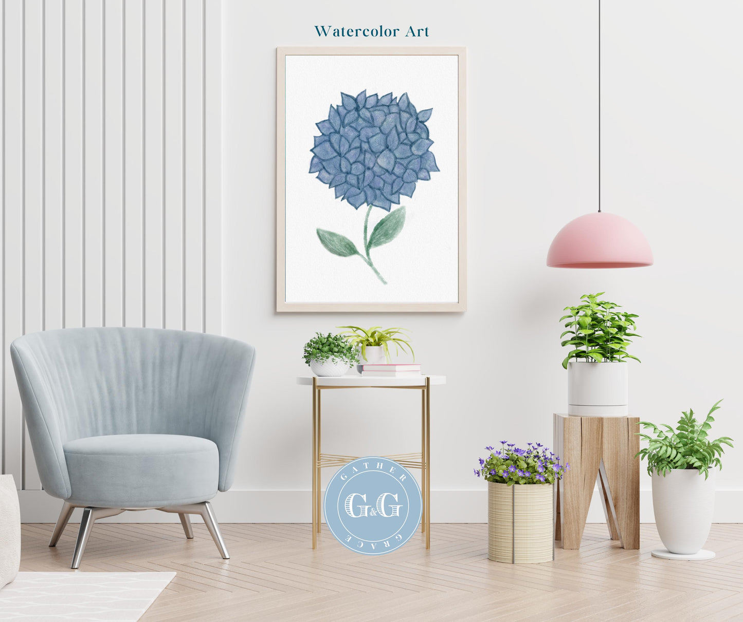 Hand Drawn Blue Hydrangea Watercolor Art – Digital Wall Art Download (8×10, 300 DPI)