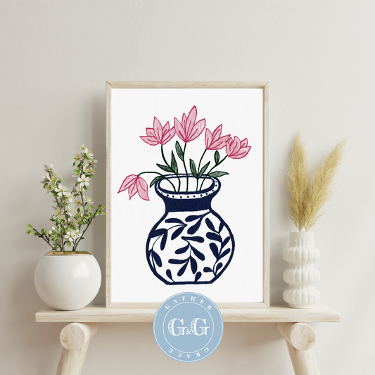Hand-Drawn Blue and White Chinoiserie Floral Art – Digital Wall Art Download (8×10, 300 DPI)