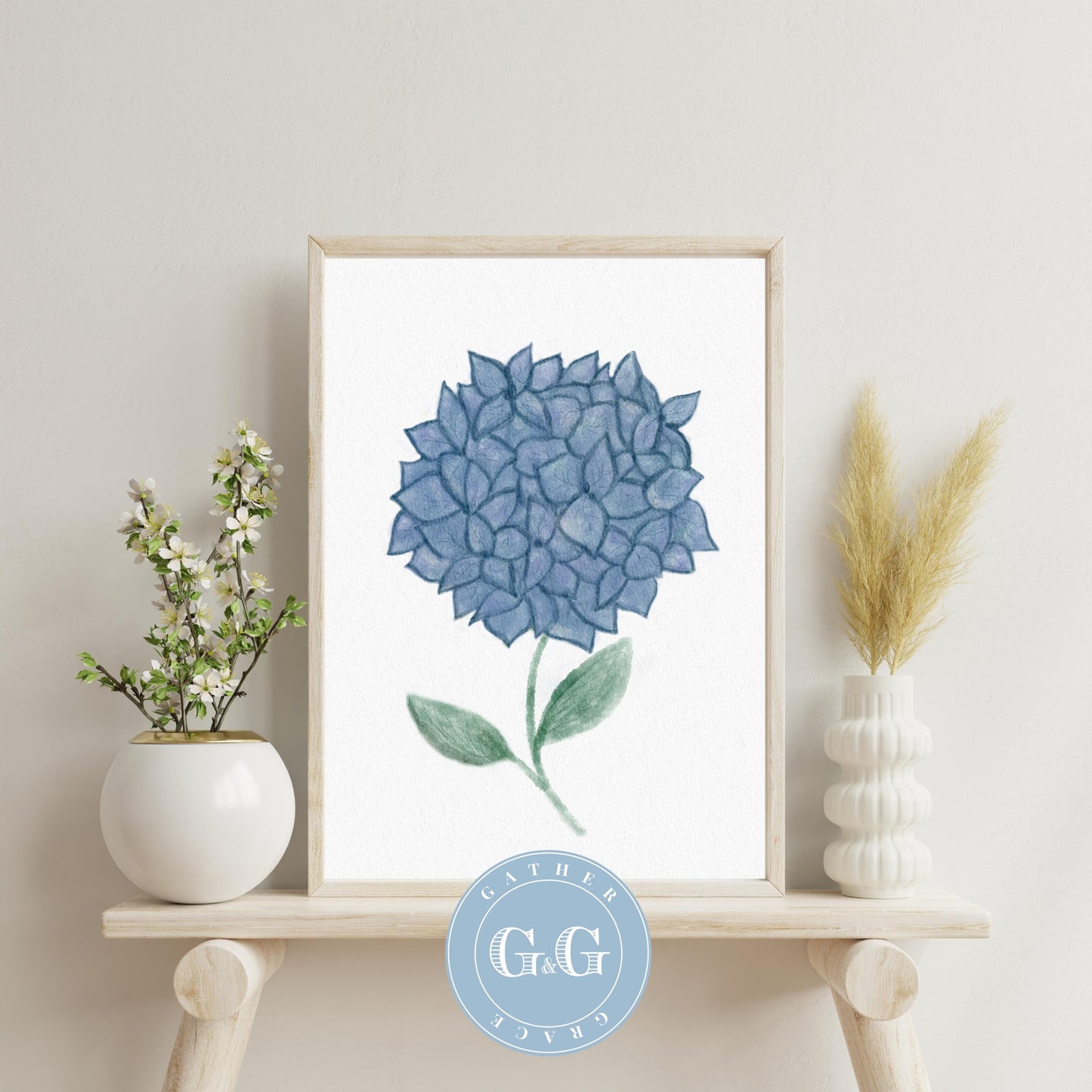 Hand Drawn Blue Hydrangea Watercolor Art – Digital Wall Art Download (8×10, 300 DPI)