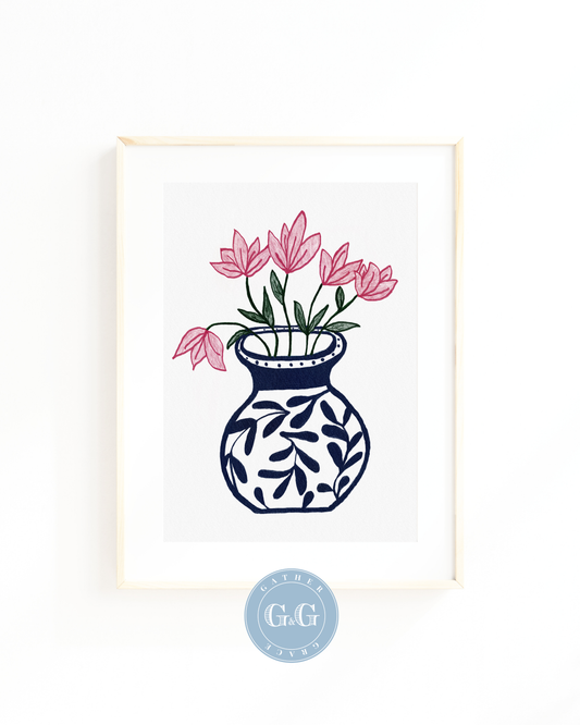 Hand-Drawn Blue and White Chinoiserie Floral Art – Digital Wall Art Download (8×10, 300 DPI)