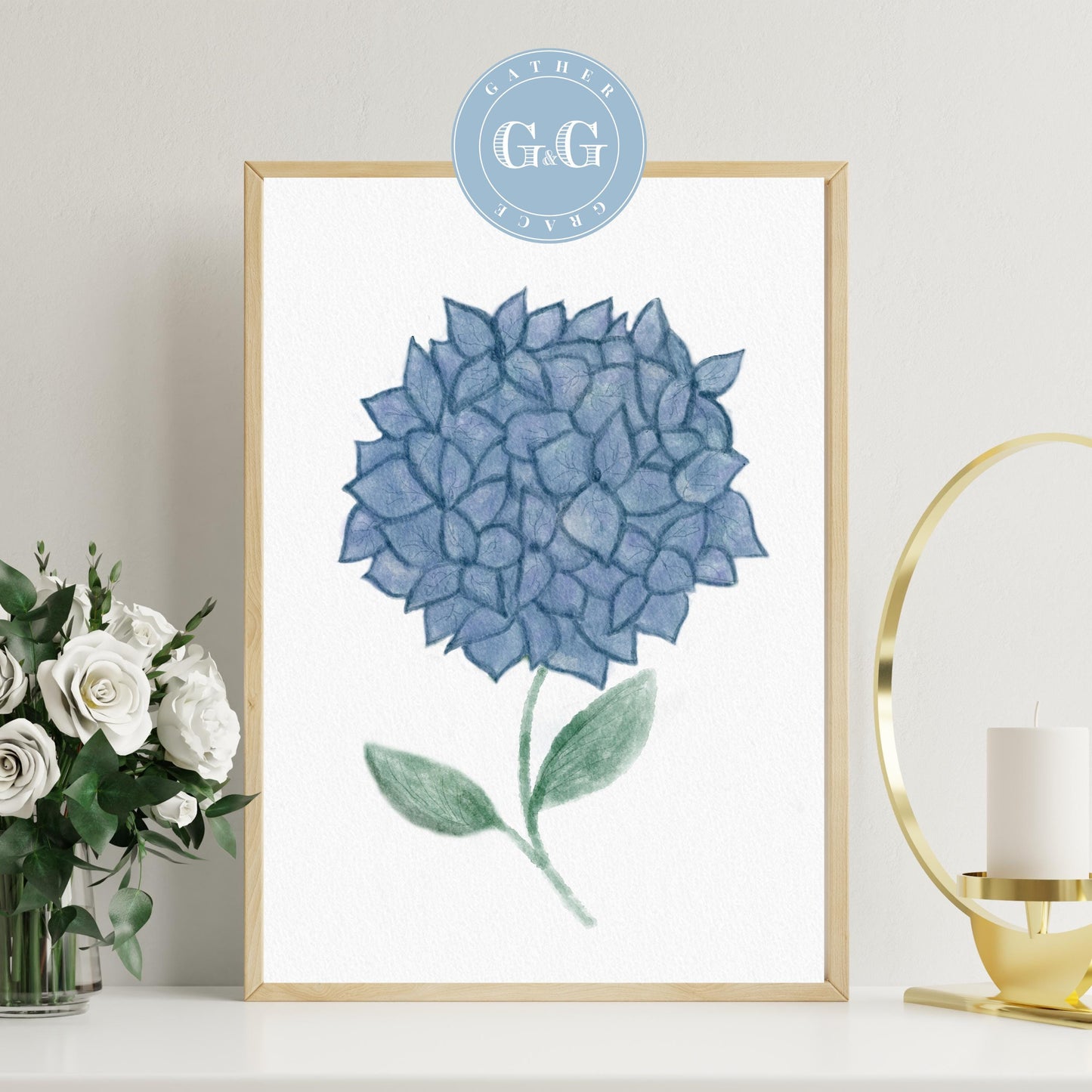Hand Drawn Blue Hydrangea Watercolor Art – Digital Wall Art Download (8×10, 300 DPI)